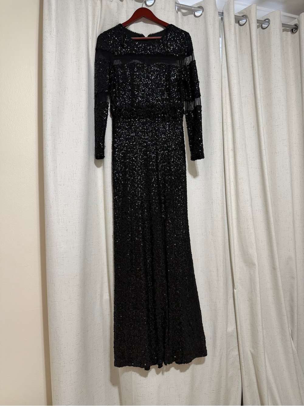 Black Sequin Long-Sleeve Evening Gown